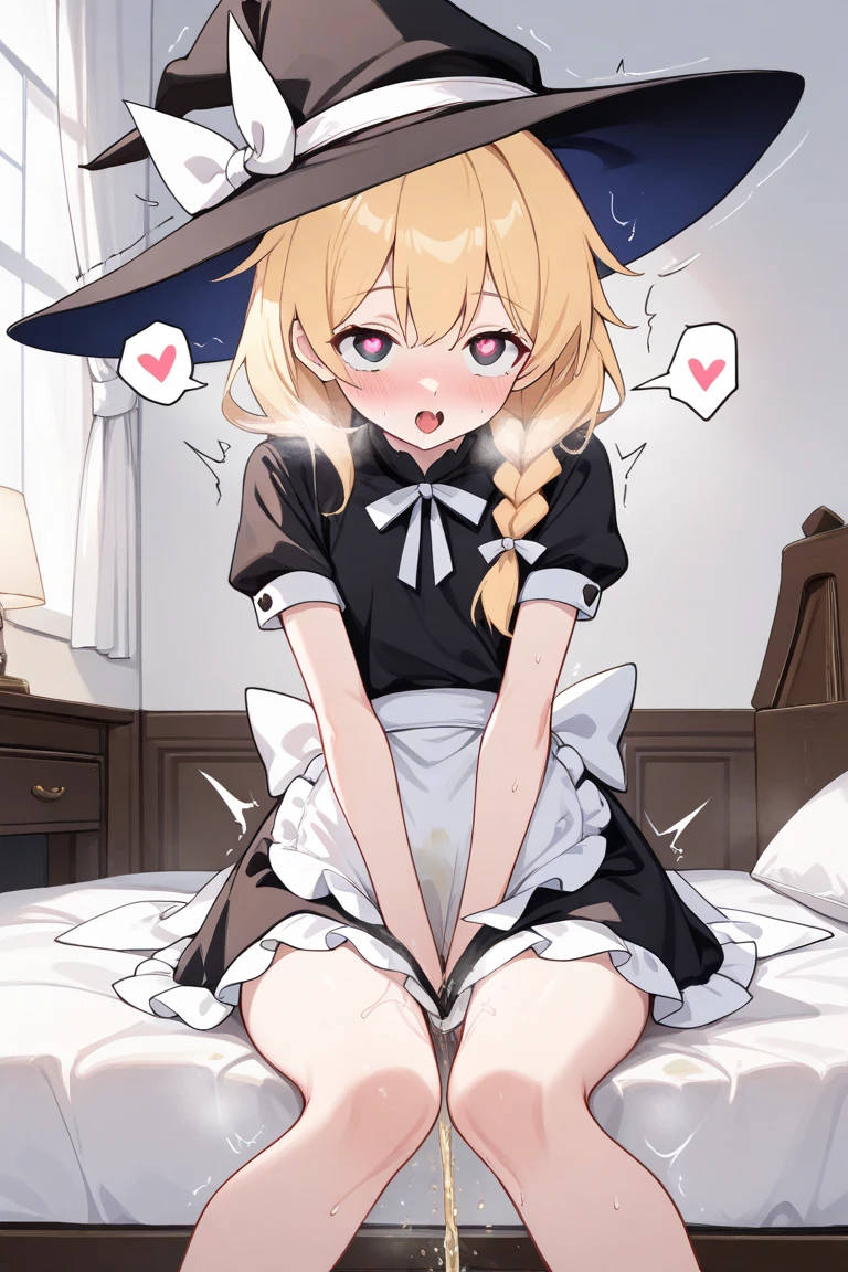 girl trembling with sexual climax,(nsfw), (1girl), (omorashi), relax, steam, heart shaped pupils, middle hair, witch, blond hair, peeing, hypnosis, bedroom, single braid, witch hat, white ribbon, black skirt, black shirt, short sleeves, waist apron, white sleeves