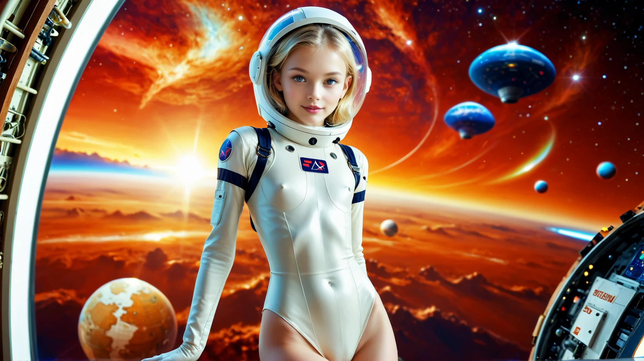 (very skinny girl: 1.0),(is a very young girl: 1.0), Beautiful girl, skinny girl, thin waist, wide hips, Slender legs, Very young face , flat chest, hip spacing (camel paw: 1.2), Leotard,in white knee socks , wearing a spacesuit helmet, have very light grey beautiful eyes, space, spaceships and stations, in outer space,летает в невесомости в открытом spaceе вне космической станции, better quality, masterpiece, super realistic, 8 to.