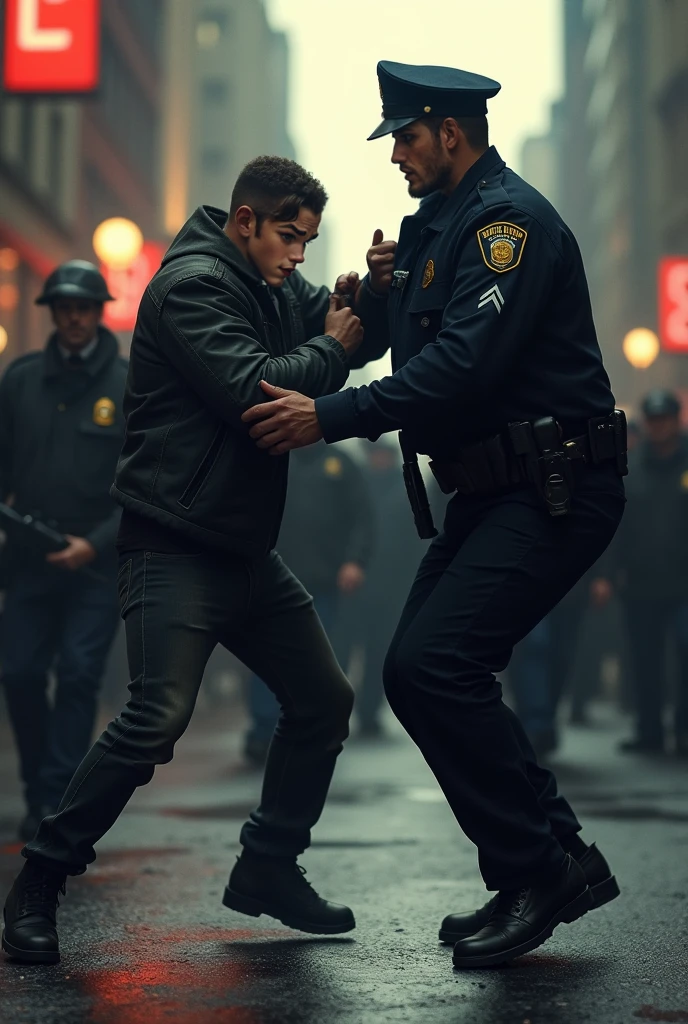 A sixteen-year-old boy in a purple sweatshirt and a fire fist fights with a strong and fierce young policeman in a white shirt in the school building