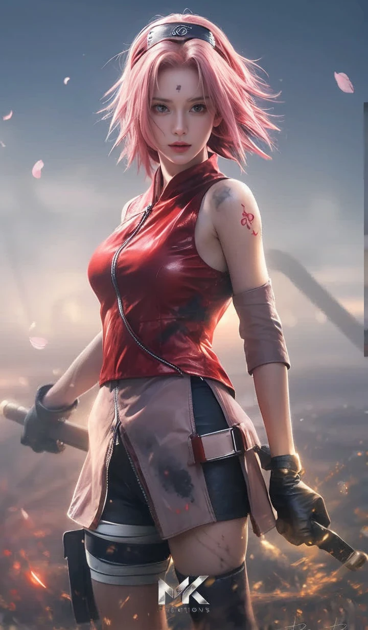Animate《Naruto》Sakura Haruno in the middle,1girll,solo,The upper part of the body,dynamicposes,Perfect facial features,delicated face,greene eyes,Run,combats,best qualtiy,tmasterpiece,8K,