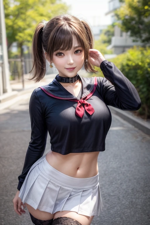(8K、RAWE Photo、highest quality、masterpiece:1.2)、(real、photorealistic:1.37)、1 beautiful Japan 、small face:1.5、twintails hair, perfect body、18-year-old、Sexy uniform、large breasts:1.8、(((breasts aport:1.8, Long milk:1.8, saggy breasts:1.8、underboob、Are thin)))、underboob、oily skin:1.5、thin、 (Sexy uniform with a slight view of the underside of the chest)、((目に見えるunderboob、Uniform with visible ribs and belly button))、Super miniskirt visible、((look at the audience))、Very blush、