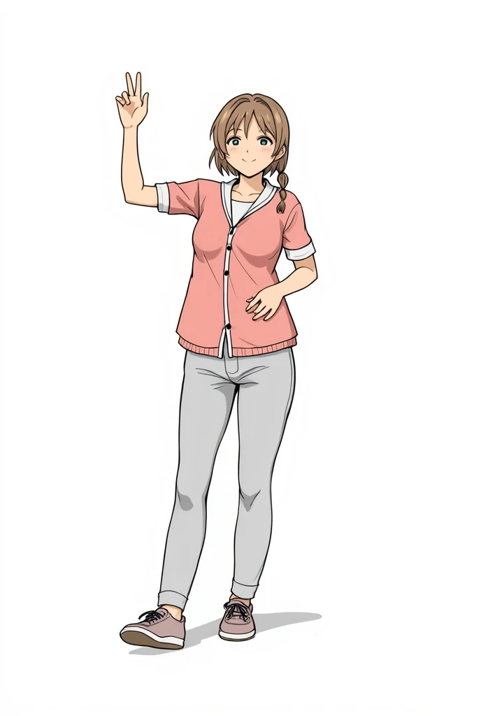 Pretty Girl, beautiful side braid, long hair, casual,  minimalist clothing , THIN GIRL, good anatomy ,cute bangs, comfortable clothing, manga anime, High Quality, elegant jacket , pastel colors , winter outfit, aesthetic , smile, clothes casual ,high resolution,  Detail ,sneakers, slightly elegant  