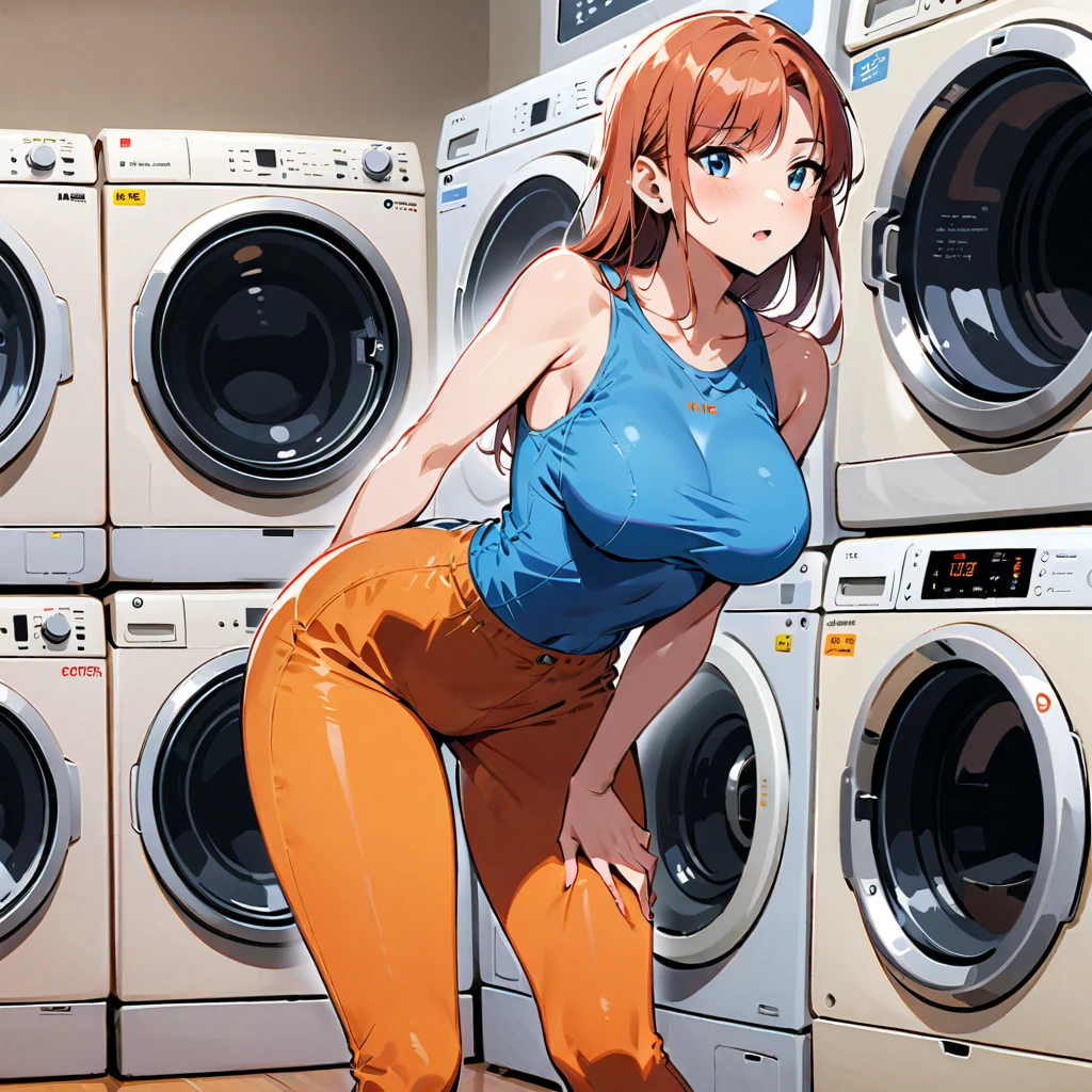 sunsethuman, female, in her underwear, in a laundromat at night, folding laundry