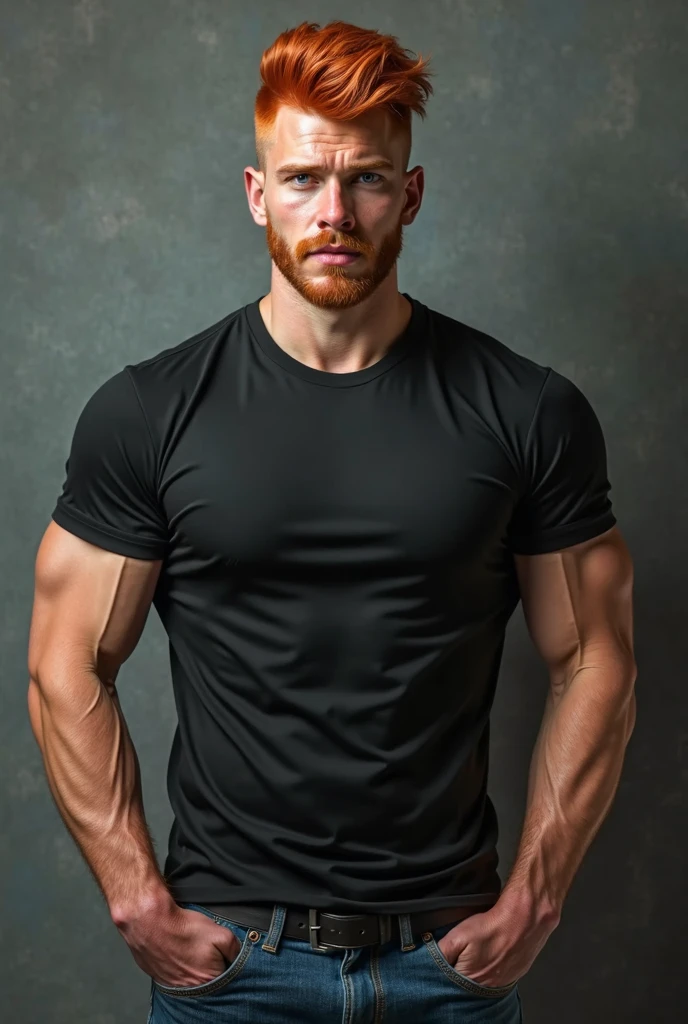 realistic photo of very white strong man model photoshoot, redhead shaved head, large, expressive light blue eyes, fleshy pink mouth, square oval face, pink nipples, looking at the camera, gray empty background with artificial photographic lighting. olhar serio e sexy, gaping mouth, showing the model's entire body from the side. standing. wearing only black swim trunks.