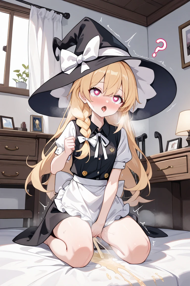 girl trembling with sexual climax,(nsfw), (1girl), (omorashi), relax, steam, heart shaped pupils, long hair, witch, blond hair, peeing, hypnosis, bedroom, single braid, witch hat, white ribbon, black skirt, black shirt, short sleeves, waist apron, white sleeves