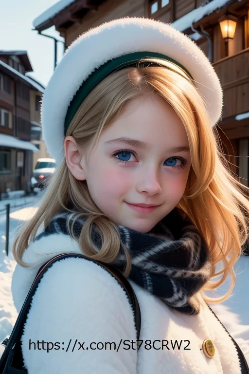 GIRL BLONDE CHILD with long hair wearing a white sweater and black ear warmers, sleepy, wearing cute black scarf, sick with a cold, cold, loli, a cold, cute bangs, with cute white skin, ears, sleepy face fashion model, sad, twintails white_gloves, cute skin, teen, freezing cold nights, cold winter, black ears