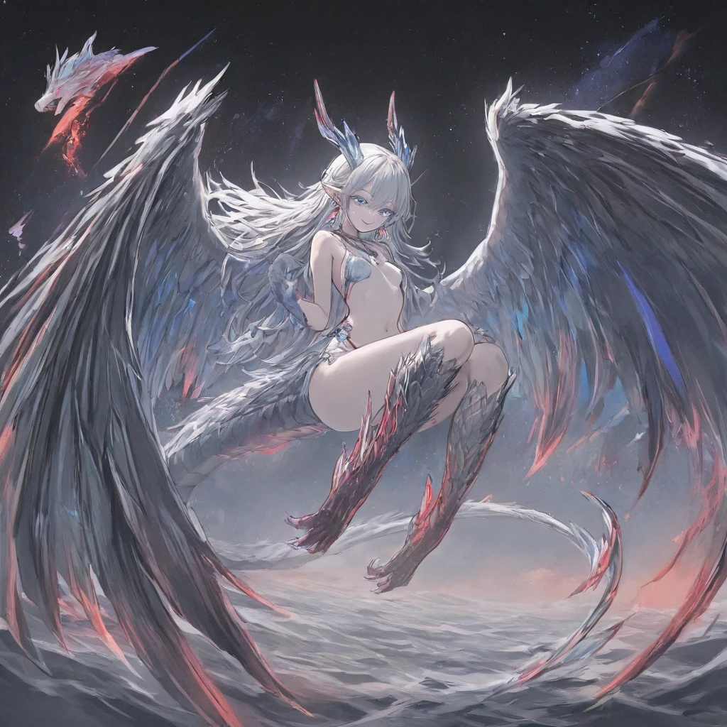 Close-up of a woman with white hair and stunning face,White-haired God,huge ,epic beautiful characters,Amazing goddess,long legs,Yuzu控,nipple,whole body,horns on head,鳞片布满whole body,Wings are born on the back,Dragon Queen,dragon girl,no clothes,whole body都有鳞片,Yuzu,Scales wrap the body,whole body,Yuzu,whole body裸体