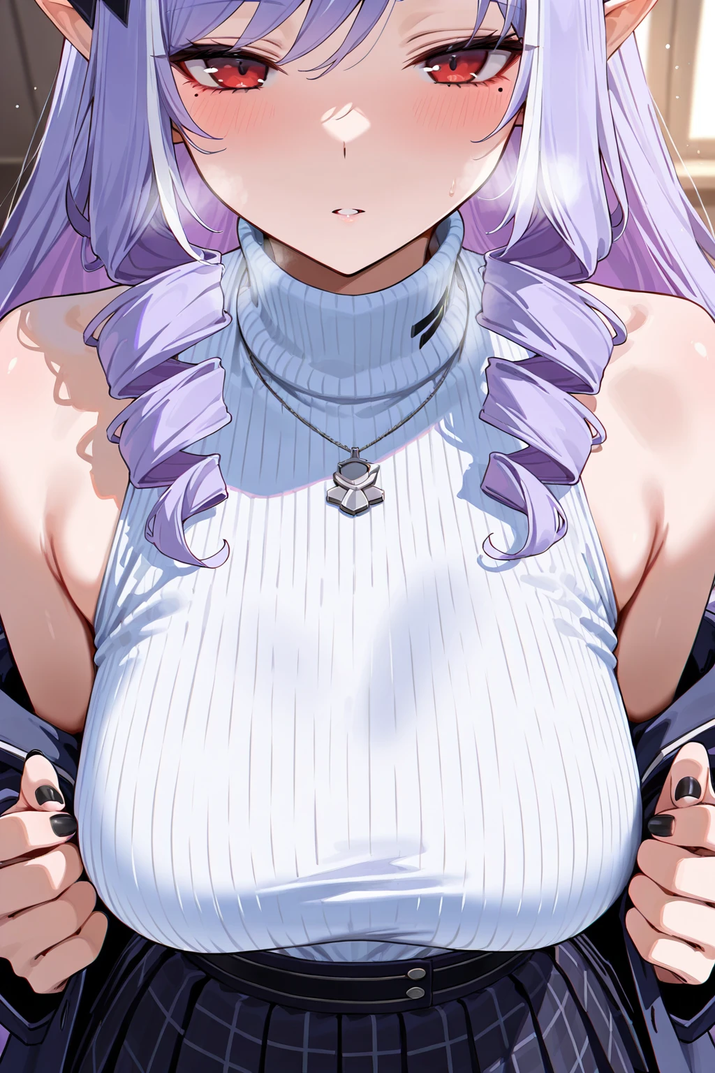 16K,typhon \(arknights\), 1girl, long hair, very long hair, purple hair, sidelocks, drill hair, twin drills, red eyes), black hairband, horns, sweater,apron,blush,(((big breast))),arm up,((armpit focus)),Plump Armpits,Thick armpits,Drawn armpits,Armpit sweat,shiny skin,(((thick thighs)))