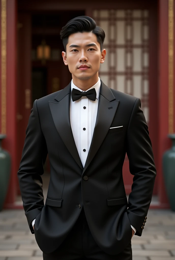 (Close up of male butler:1.5)、(accurate anatomy:1.5)、Lustrous black hair、(Deacon service:1.3)、Short black tuxedo、Gray striped pants、White bow tie、Black boots、(RAW Photography:1.2)、(photorealestic:1.5)、(masterwork:1.3)、(maximum quality:1.4)、Highresolution、in 8K resolution、(ntricate detail:1.1)、(Cinematic light)、 1Men of men、standing a、upright、full body photograph、 (details face), (Details hair),