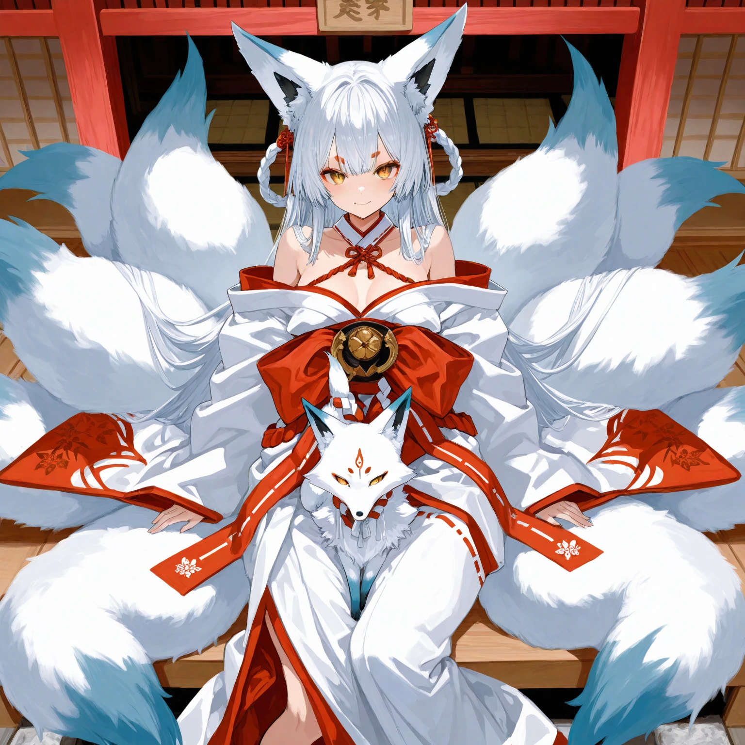 A kitsune woman, with short skirt kimono, silver hair, long hair, in a Japanese garden, big breasts, blue eyes, kitsune ear

