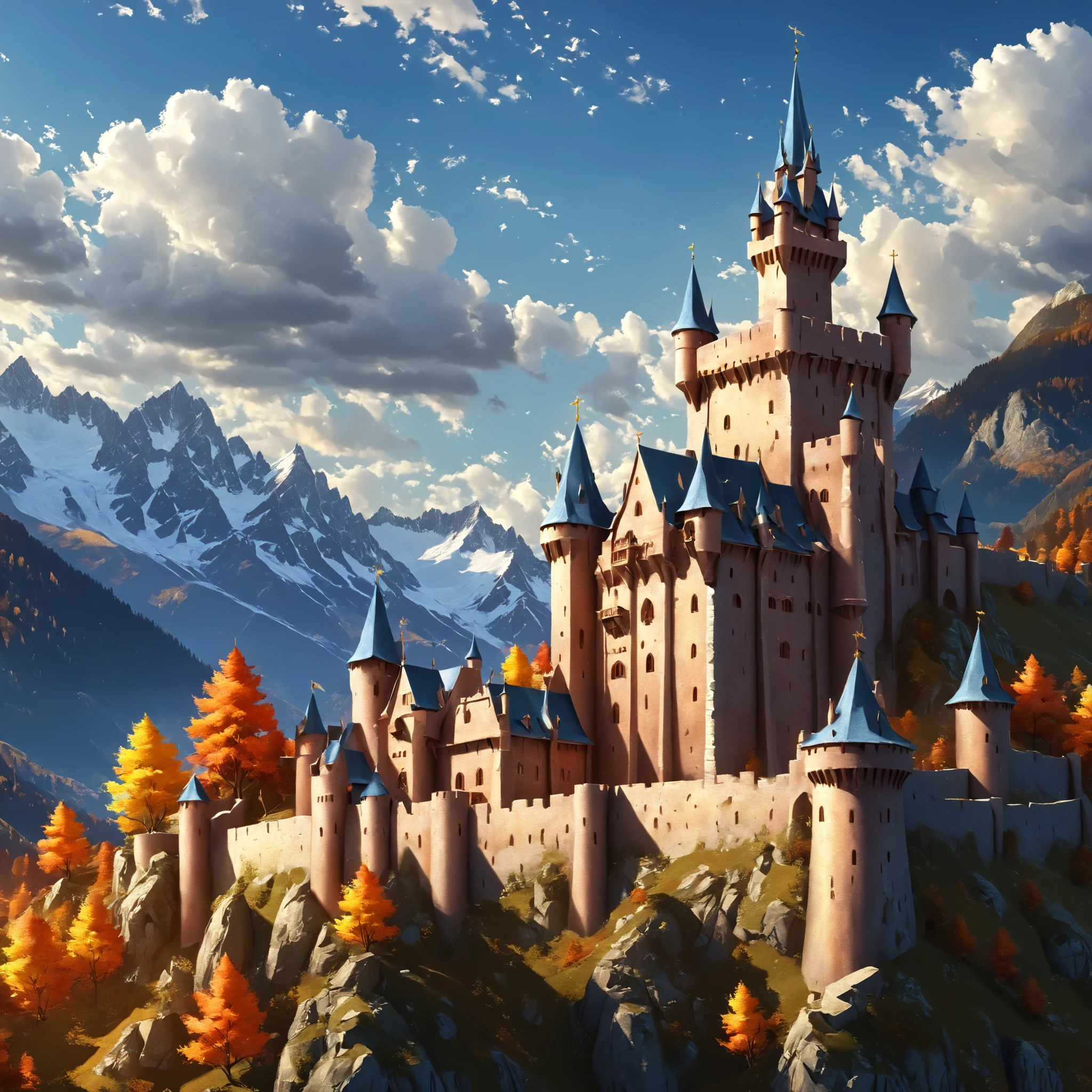 (closed-up of castle), fortress, mountains, church, towers, fort, high resolution, fantasy, digital painting style, realistic shadows, iray, massive autumn forests, autumn pine forest, detailed, (cold autumn evening:1.2), twilight, 8k, 16k, highly Detailed, clear sky, fogless, masterpiece, Panorama, wide shot, outdoor, highres, absurdres, png, lossless, details, highly detailed, refined, complex, clear, clarity, lively, perfect, realistic,