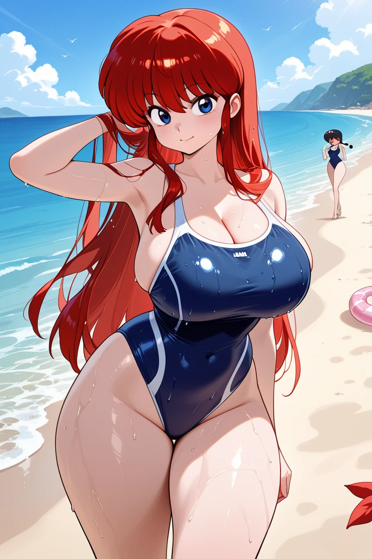 One stunningly beautiful 35-year-old girl, standing in a bright and sunny park, wears a red swimsuit that hugs her curves perfectly. With a grin that plays on her lips, she gives a challenging smile, her eyes sparkling with mischief and excitement. Embarrassment creeps up on her cheeks as she catches the viewer's gaze, blushing slightly, yet maintaining her confident pose. Her arms are up, resting behind her head, while she stands tall, legs slightly apart, soaking in the warmth of the day. The vibrant colors of the park scene are reflected in the high-resolution, top-quality image that exudes ultra-detailed textures