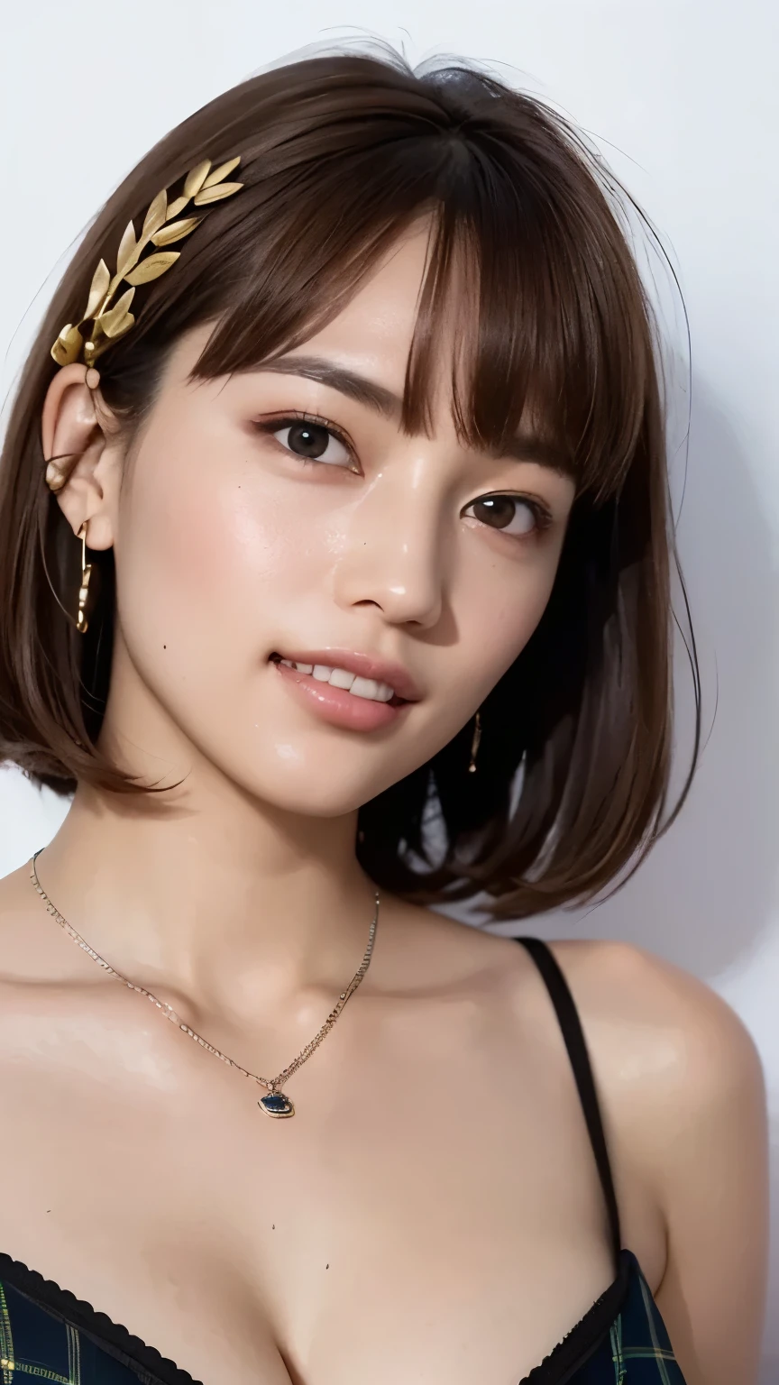 (highest quality, 8k, 32k, masterpiece, Ultra-high resolution:1.2),Beautiful Japanese Women Photos, alone, 1 girl, Glowing Skin, Glittering earrings, glamorous, Charm, Exposing shoulders, Sheer silk lace crop top, Tight Skirt, Shallow depth of field, Professional models, Look forward, Overbyte、Mouth half open、blush:2.5、Larger breasts、Random hairstyles for short hair、Black Hair、close up face、Portrait、Teeth are visible、Wide mouth、Droopy eyes、round face、Multiple moles、Fair skin、A lively 22-year-old、Brown eyes、smile、Chubby、The gesture of pulling up the hair、I can see the side