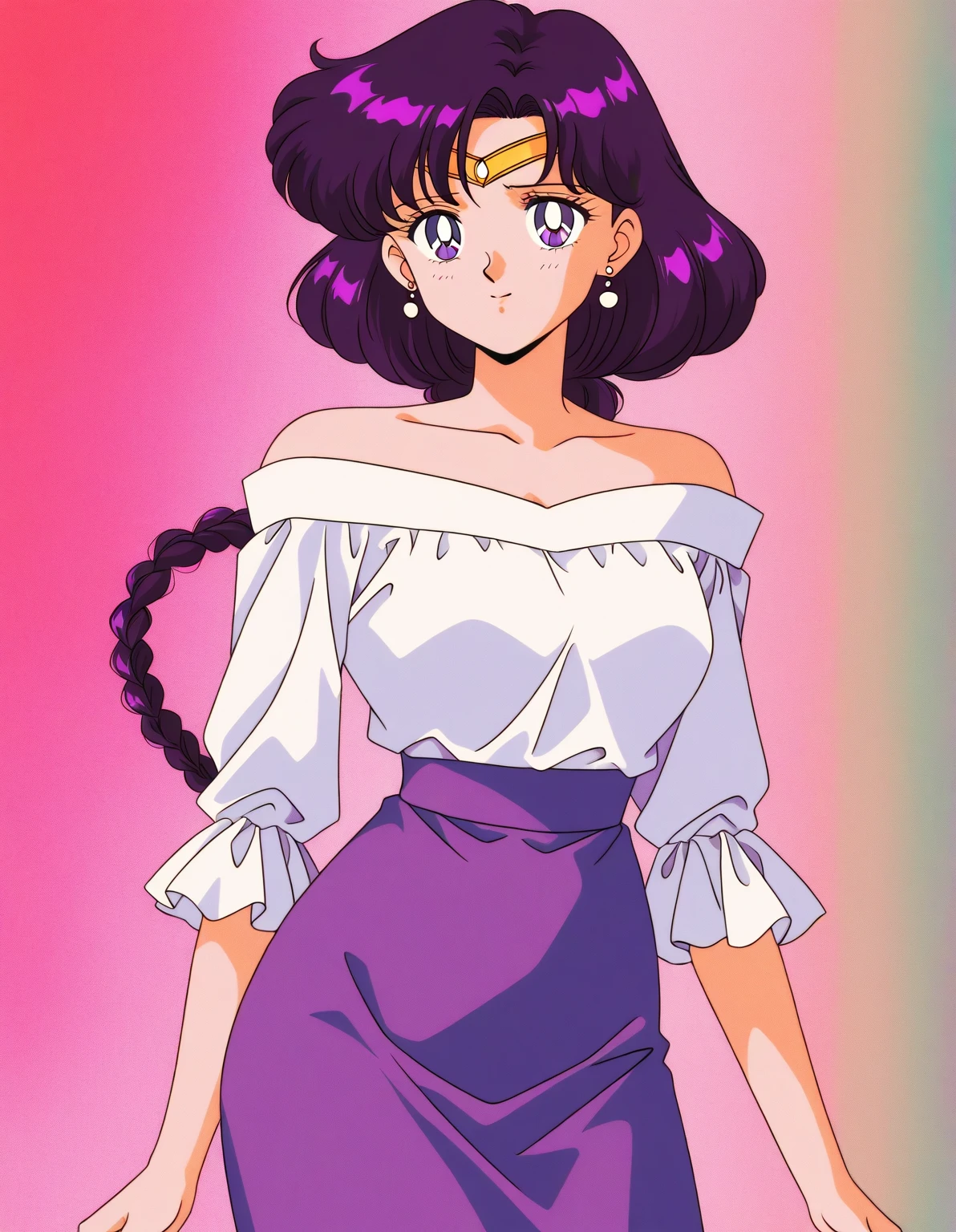 <lora:Ameliav1:0.6>, 1990s \(style\), 1girl, amelia wil tesla seyruun, slayers, black hair, bracelet, dress, earrings, jewelry, retro artstyle, short hair, solo