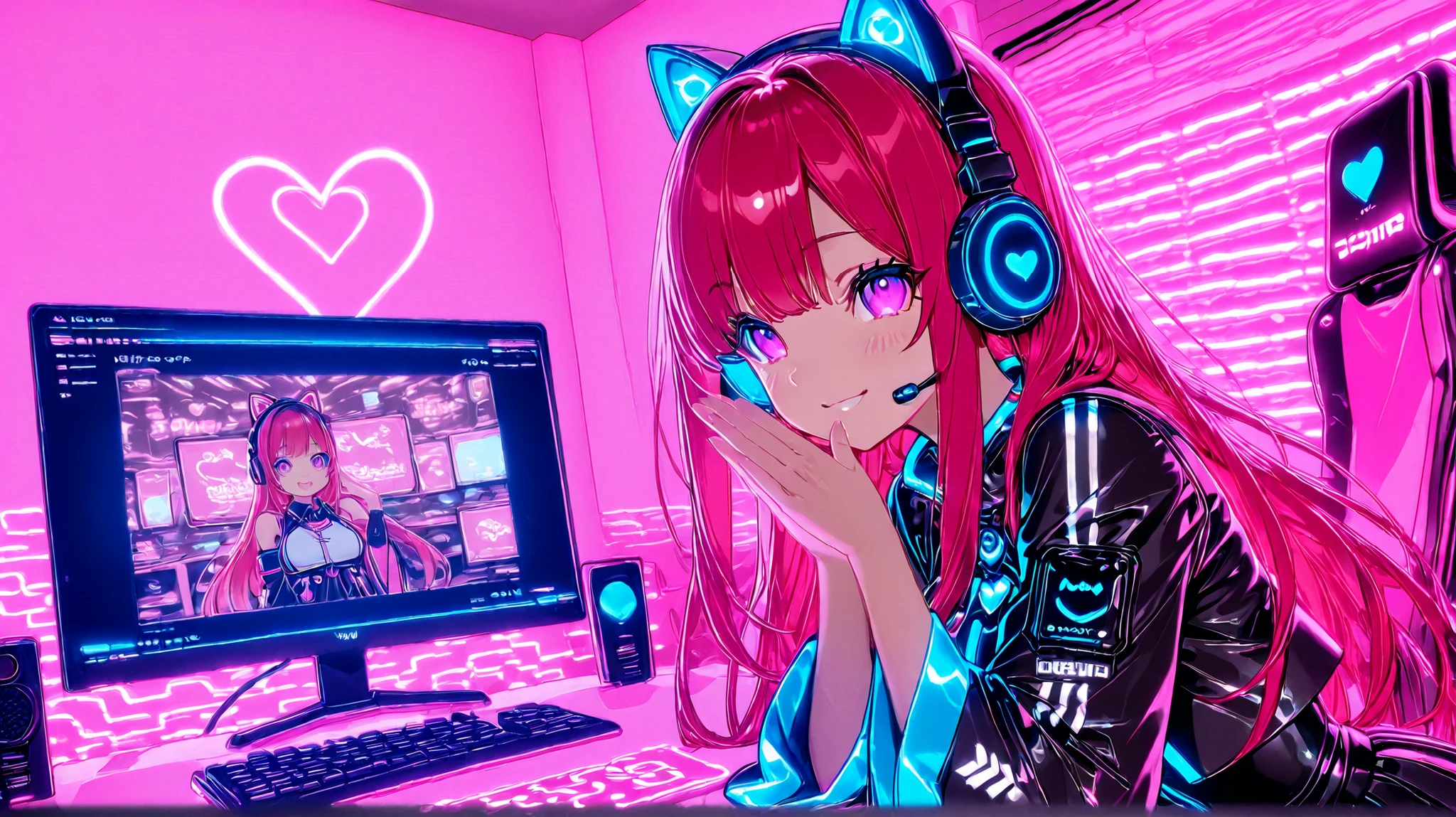 A beautiful woman, (nice curves), with long red hair with pink tips and bright purple eyes, (eyes rich in detail), (eyes detailed), wearing a futuristic black outfit with bright blue details on the sleeves. She wears cat-ear headphones and a headset microphone. Her outfit includes a stylish cropped jacket with wide sleeves, a pleated skirt with white stripes and black lace-up boots. She makes a heart with her hands near her face, (close-up from the waist up) smiling warmly. The background is a bedroom with a gaming computer in the background, written iJessy in cute pink letters on the monitor, the art style is detailed and colorful, with soft dynamic lighting and slightly 3D anime shading, in high resolution.