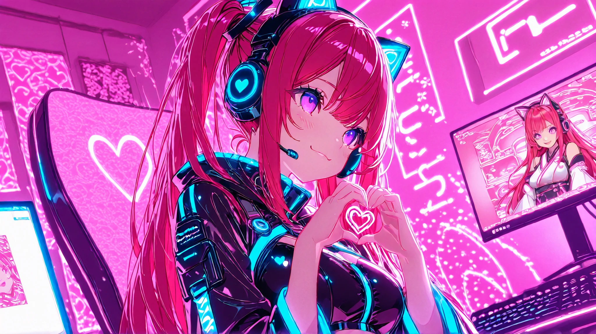 A beautiful woman, (nice curves), with long red hair with pink tips and bright purple eyes, (eyes rich in detail), (eyes detailed), wearing a futuristic black outfit with bright blue details on the sleeves. She wears cat-ear headphones and a headset microphone. Her outfit includes a stylish cropped jacket with wide sleeves, a pleated skirt with white stripes and black lace-up boots. She makes a heart with her hands near her face, (close-up from the waist up) smiling warmly. The background is a bedroom with a gaming computer in the background, written iJessy in cute pink letters on the monitor, the art style is detailed and colorful, with soft dynamic lighting and slightly 3D anime shading, in high resolution.
