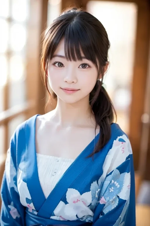 highest quality, Ultra-high resolution, (Realistic:1.4),blush,cute,(Detailed face),A light smile, (((Acup chest)))、(((thin)))、(((Small breasts 1.5)))、 View your audience,cute female teenager、(((Add highlights to the eyes)))、(((Looking at the camera)))、Smile happily,Perfect Makeup,smile, Upper Body, kimono, sunny,river,(cherry blossoms),blue sky,Surrealist female portraits by David Hockney and Alphonse Mucha,