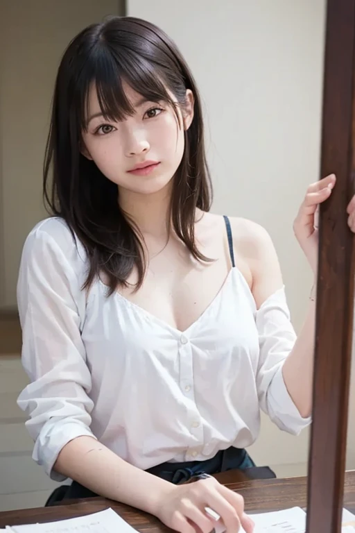 Highest quality、8K、No makeup、masterpiece、アなphotograph、Ultra-high resolution、Realistic、Professional Lighting、Natural light、photograph、smile、Ultra slim、Slender body、very cute、The cutest Erina Mano、Idle class、White skin、(Small breasts、Flat Chest:1.4)、(Wear a white shirt:1.8、Wearing clothes)、(Leaning forward:1.8、Look into the chest)、(Don'Don't show your Nipples:1.8、Hide your Nipples:1.8、 Nipples)、(No underwear:1.8)