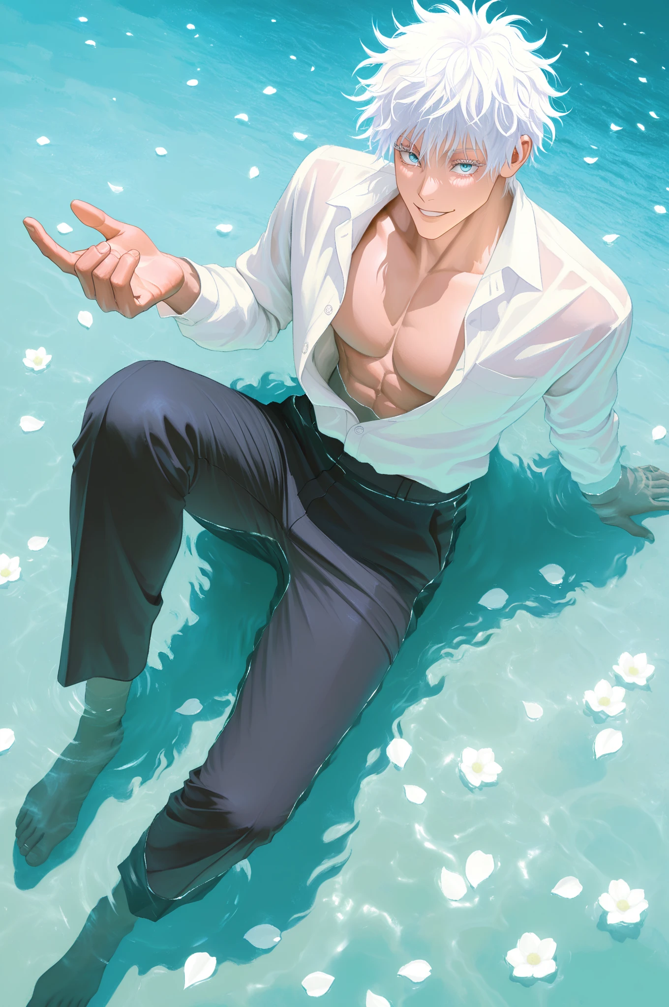 A handsome man, caucasian, short messy blonde hair, shirtless, soaking in a hot pool, attagrif, close up face, zoom face, muscular