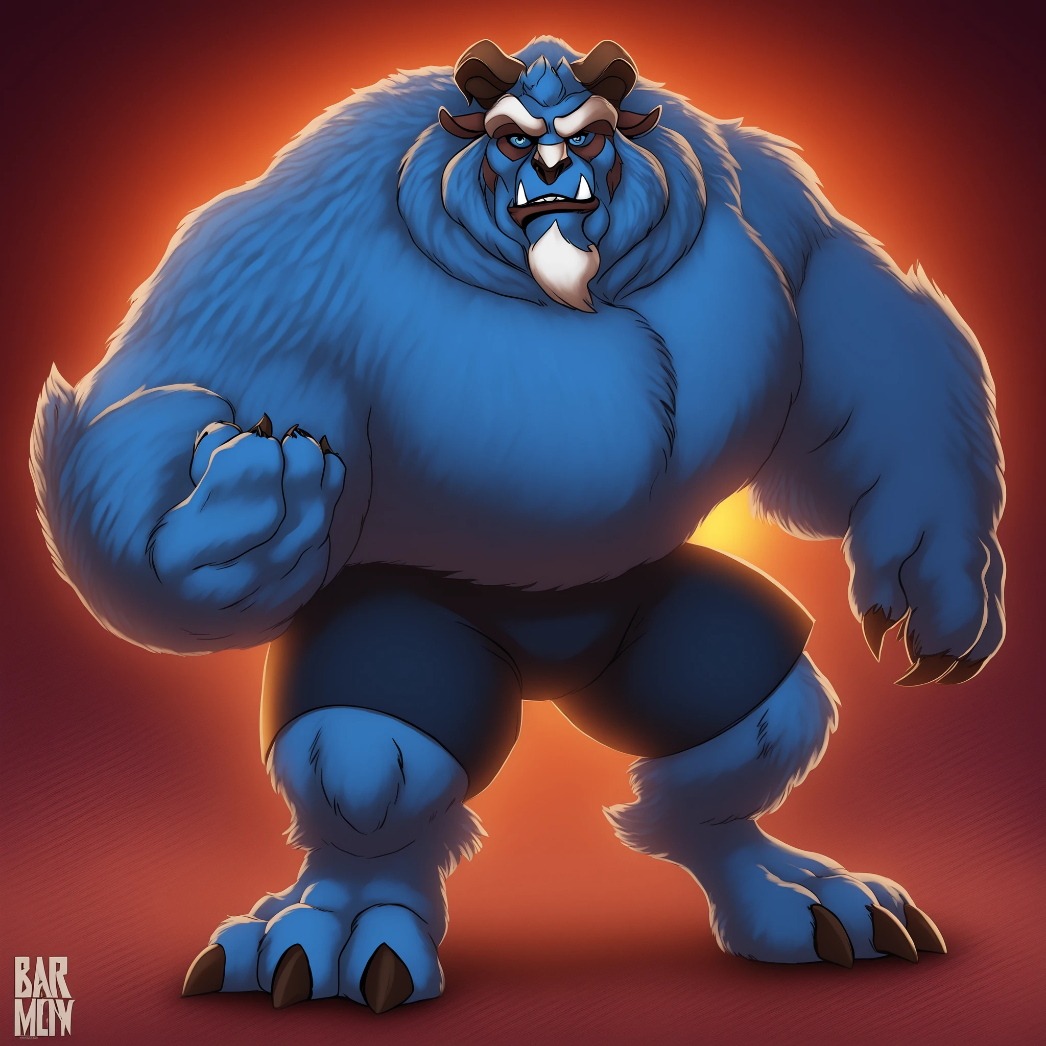 Beast (from Beauty and the Beast) as Beast (Hank McCoy) from Marvel X-Men, solo, bara, blue fur, blue hair, thick muscular, smirk, full body, sfw_ black shorts, thick things, face and broad chest, thick arms, thick pecs, brawl,{{perfect detailed eyes,perfect detailed pupils}}, no humans,{{2d}},side facing