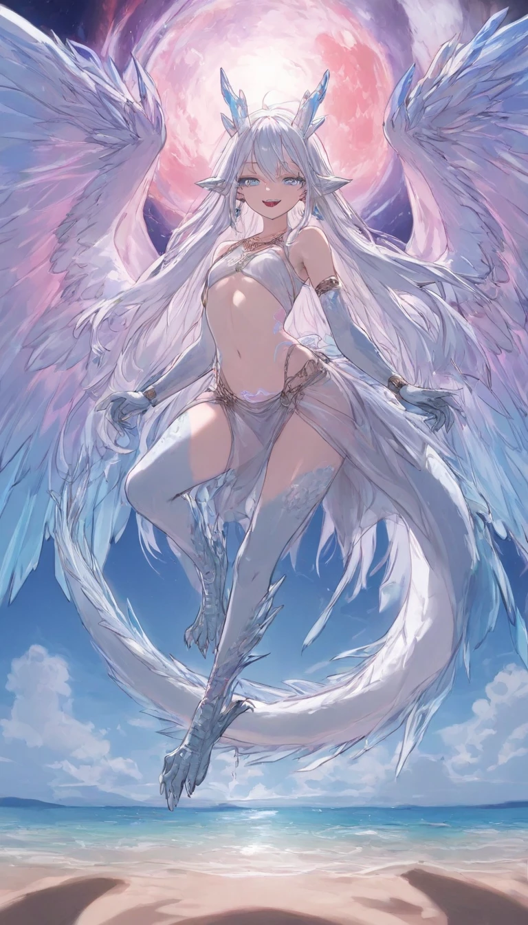 Fox face, white eagle wings, white tiger body, dragon tail