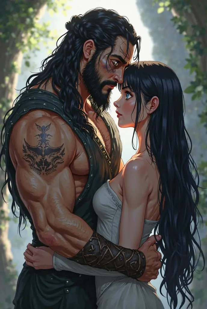 Muscular Handsome (((short-haired))) shirtless barbarian man absolutely surrounded and being hugged and touched by (((three))) sexy Goth witch women harem girlfriends bitches feeling his muscles and groin, women: curvy with wide hips in flattering sexy clothing with off-shoulders, three of the hottest women to ever live  love to this man, the three women share him as a boyfriend and enjoy helping him feel pleasure together, there are so many gorgeous women are here around this one man, wrestling , hugging, tackling, Flirtatious, sexy medieval fantasy clothing made of fur and silk, lounging in a tent in a magical forest, worshipping him, sexual, kissing, sexualized positions, glowing glistening wet skin, tattoos, , jewelry, faces of pleasure and joy, pressing themselves together, romance novel cover poses, women competing for attention , one woman to his right and one to his left and one below him, full body shot, (((ONLY ONE MAN)))