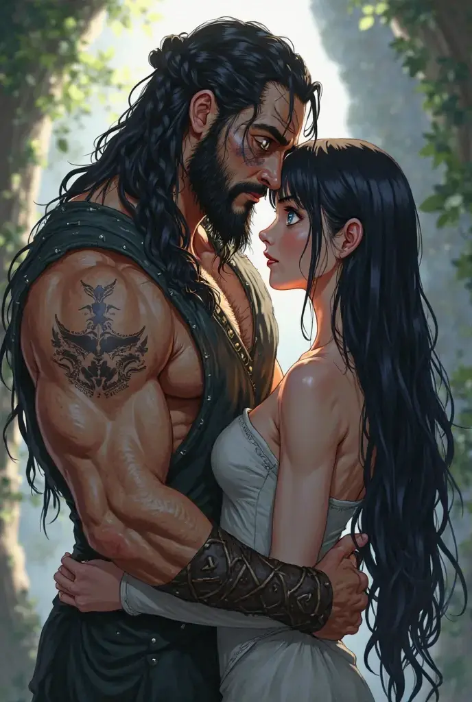 Muscular Handsome short-haired barbarian man absolutely surrounded and being hugged and touched by (((three))) sexy Goth witch women feeling every inch of his body, wrestling , hugging, tackling, Flirtatious, under a waterfall, worshipping him, sexual, kissing, sexualized positions, glowing glistening wet skin, tattoos, , jewelry