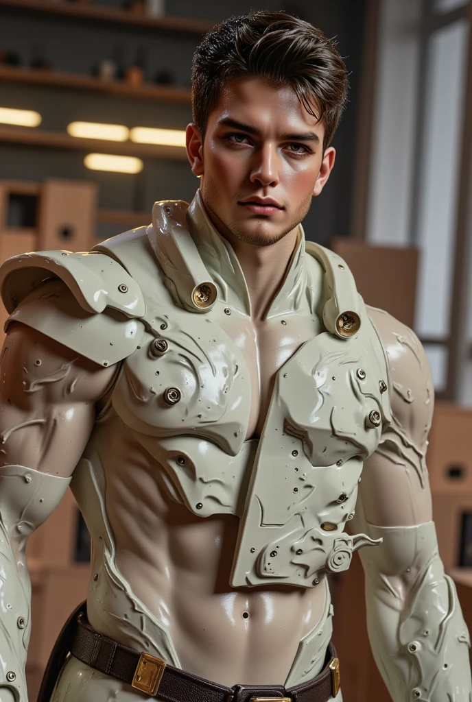 (masutepiece,High resolution,ultra - detailed:1.0),1(Boy,Robot Boy),Perfect male body,Look at the camera,Delicate eyes and delicate face,extremely details CG,Unity 8k壁纸,intricate-detail,solo person,Detailed face, (Futuristic skin-perfect white bodysuit), Best Quality, hands visible, (White Gloves), Beautiful and delicate blue short hair:1.5