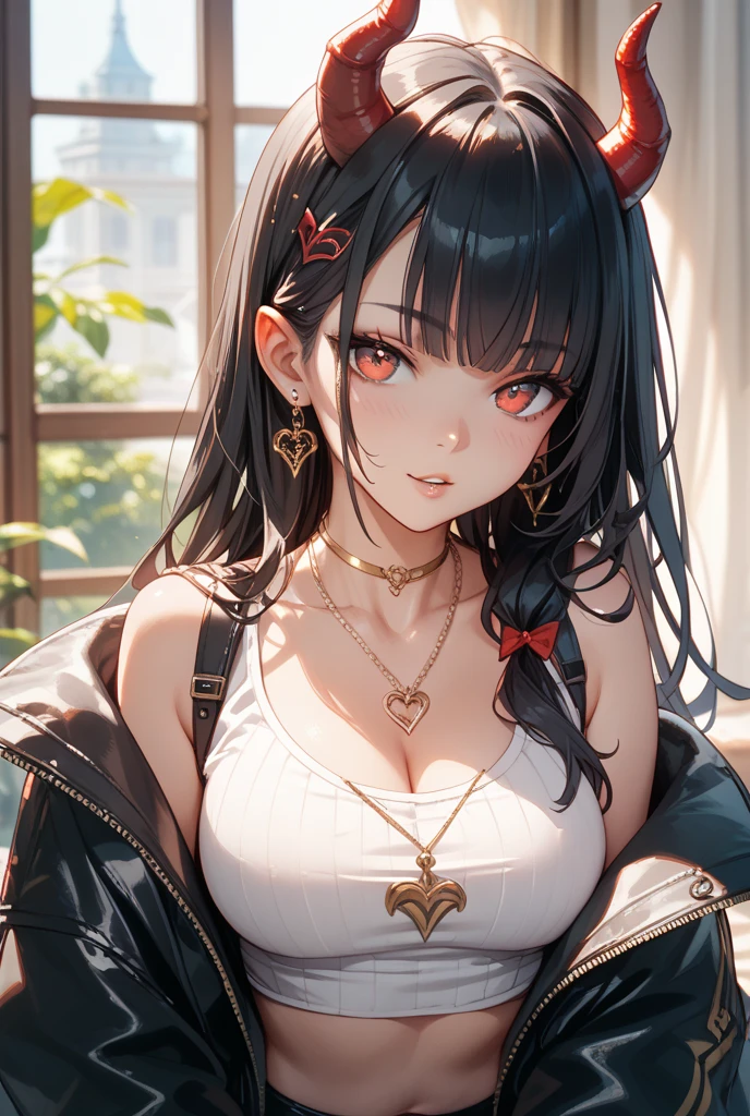 1 girl, Chapped lips, blush, make up, light smile, black fur, Red eyes, crop top, Skirt, Light rays, glow, Thighs, clavicle, narrow waist, (Masterpiece), wallpaper,