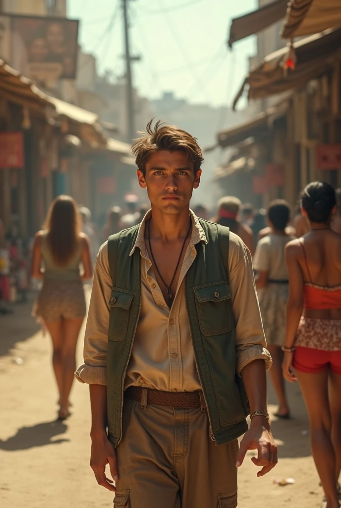 A young skinny prince white skin beautiful face handsome shirtless in a small Roman carriage with 4 horses in the desert miestras otro romano lo persigue en otro caruaje con un alcon