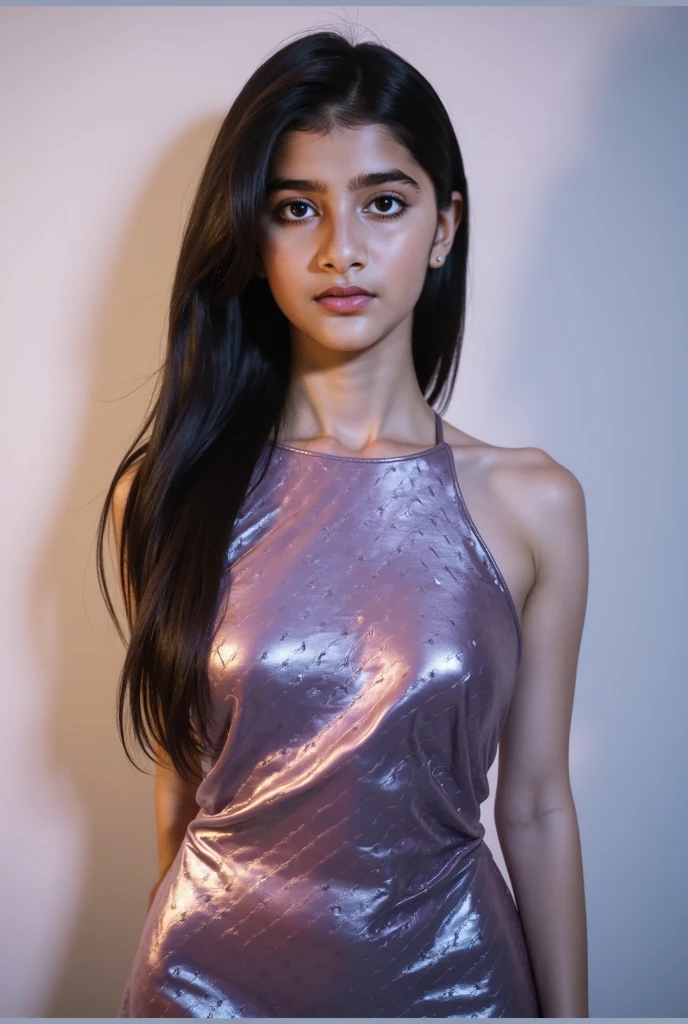 Indian face with pink baby lips adorable face and a mole on upper lips. Innocent skinny 13 years old girl in glossy silver skinny tight mini dress. With  modern makeup