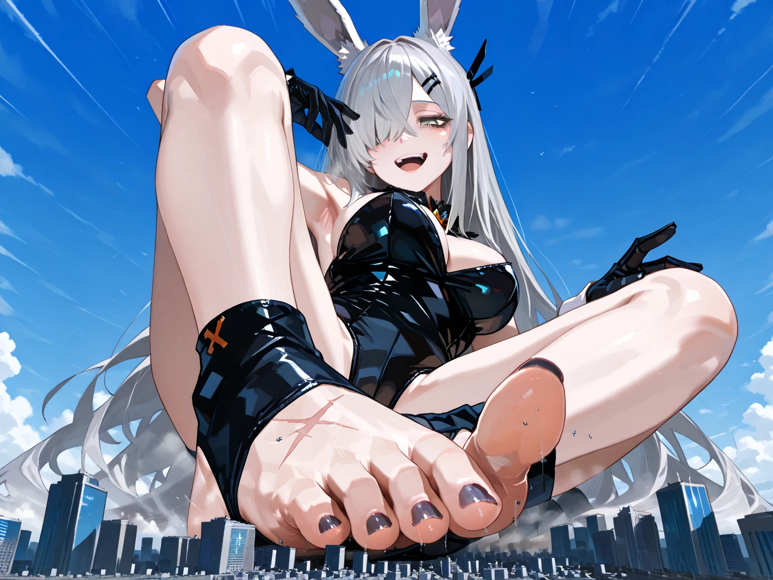 1 girl,Solofocus,pov playboy_bunny (feet),White hair,red eyes, fullbody,big breast,between_breasts,Cleavage,rabbit_pose,pantyhose,masterpiece, best quality, very aesthetic, absurdres,Smile,close-up,,