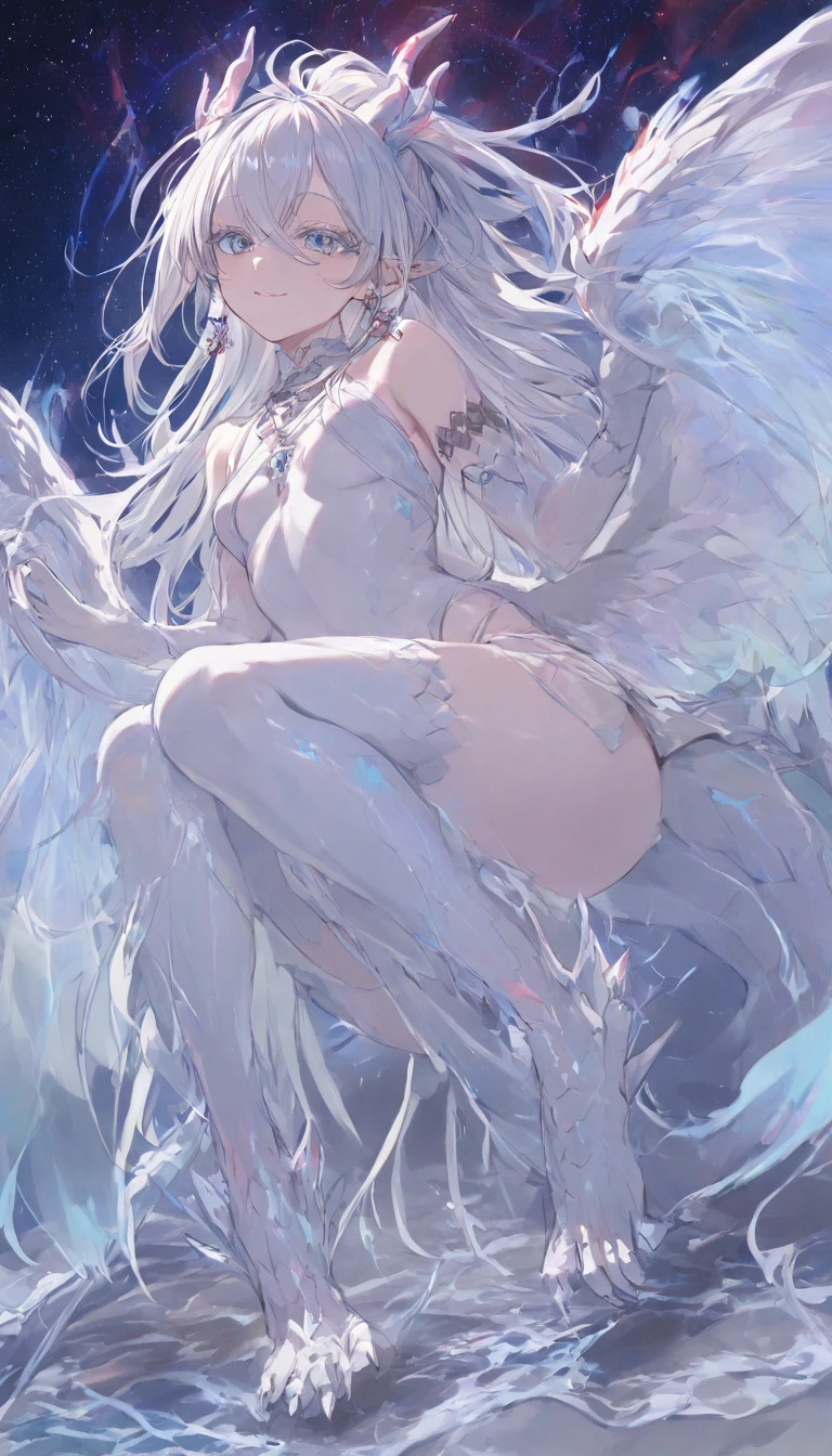 Aria is angel,seraphim with nine pairs of wings, exudes an ethereal beauty that is hard to ignore. Her snowy white wings span out behind her, casting an otherworldly glow over her entire form. Her pale skin with perfect body and like melon breasts,perfect body curves.She has eyes like stars and flowing long hair silver-white hair