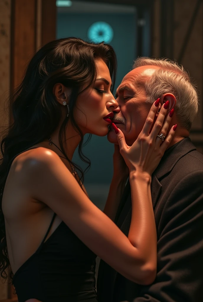 A Beautiful sexy woman, legging, tank top, sexy butt, in the bedroom, kneel, an old man approached her, she chatted with the old man, then hypnotized the sexy woman, she looked at the pendulum blankly, the old man held the pendulum right in front of her face, she saw the pendulum, she was deeply hypnotized, she sleeps on his knees, the old man's hand on her head, they kissed passionately, The woman kissed the old man's lips and hugged each other, the old man's hands were on the woman's sexy buttocks, The sexy woman sat on the old man's lap