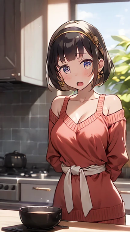 masterpiece, yor, 1girl, Amazing Cleavage:1.3, thin waist, big ass, Raised sexy, medium breast: 1.8 posed cleavage:1.2、solo, looking at viewer, open mouth, have a cup of coffee,black hair, red eyes, dress, bare shoulders, jewelry, collarbone, sidelocks, hairband, earrings, indoors, off shoulder, :o, sweater, arms behind back, plant, short hair with long locks, white hairband, off-shoulder dress, sweater dress, off-shoulder sweater, red sweater, big side hair, very long side hair,is rendered in (masterpiece: 1.2, best quality), with (ultra high resolution) and an exquisite (depth of field). This masterpiece is not only visually stunning but also tells, teach of cooking ,in the kitchen