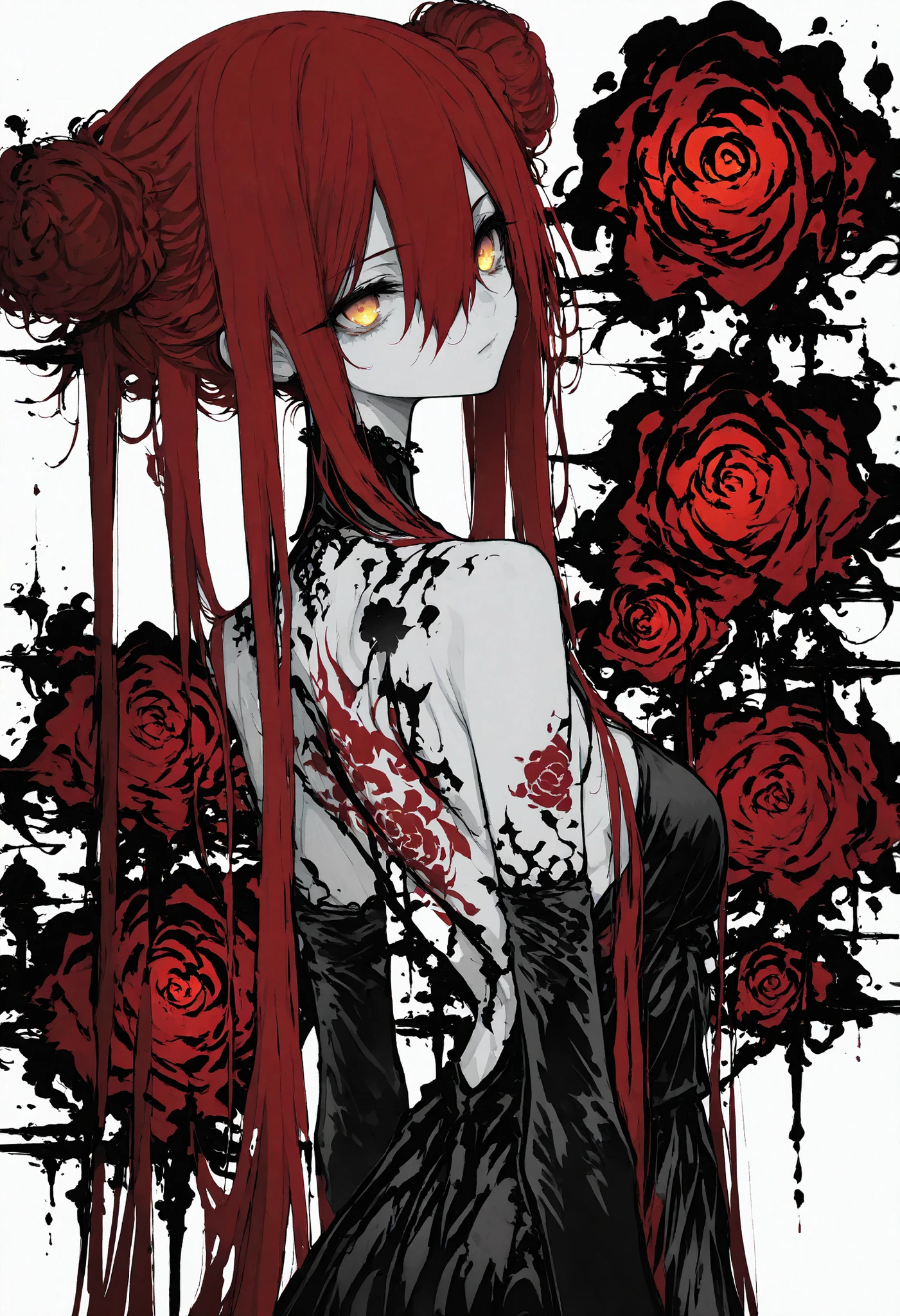 1 woman , golden eyes , very long hair , long sidelocks, red hair, petite , very cute , beautiful ,Straight hair, cool, handsome, hair between eyes, sexy, medium large breast, goth fashion, on back, back tattoo, fire rose tattoo, bare back, hair bun, elbow gloves, t-pose,ink color, ink style, monochrome style, circle style, white background, transparent background, (glowing color:1.5), (4k, 8k, ultra HD), detailed illusion, 8k wallpaper ,r17329_illu,monochrome, glow, neon