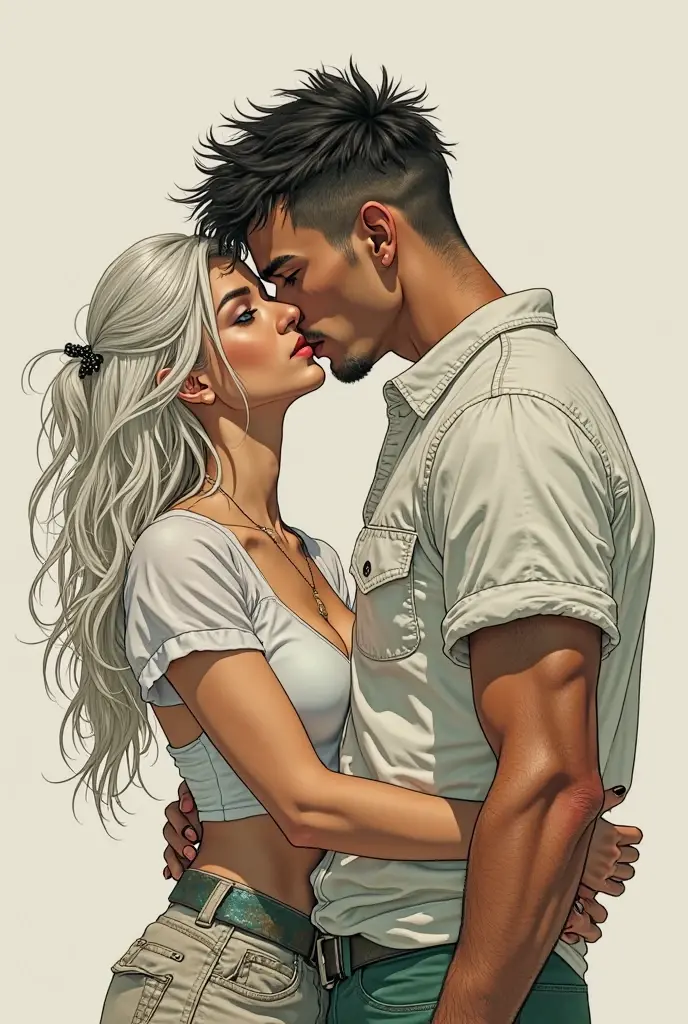 full faraway view, Stunning dark fantasy 25 year old anime male assassin, with long black hair freckled skin, intimately kissing, a 25 year old male anime druid, handsome, with long white hair, eyes closed, facial expressions of lust, Dark fantasy romantic semirealistic manga comic style. Volumetric and dynamic lighting. Hyperdetailed photorealistic hyperrealistic