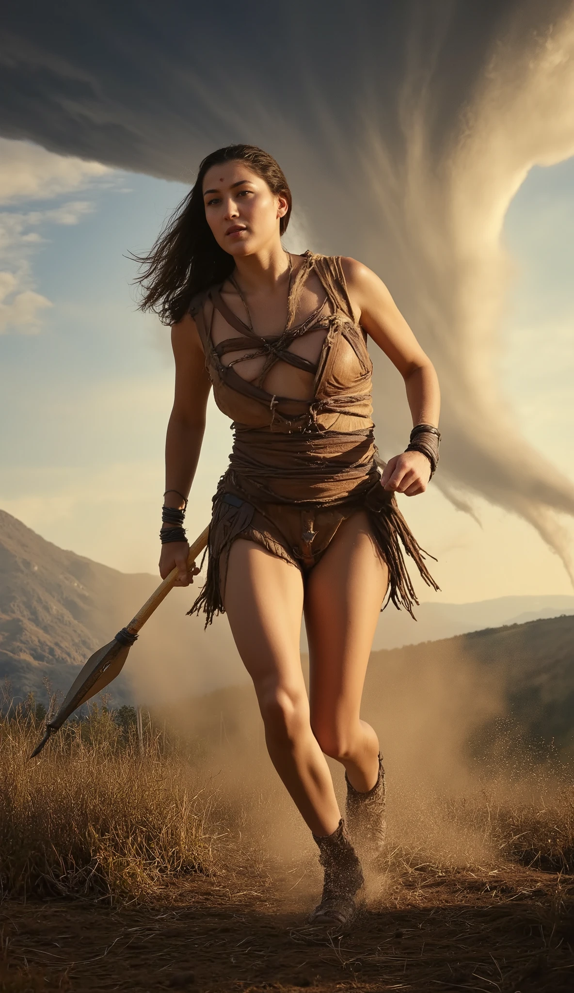 Woman on battlefield, bare feet, dramatic lighting, highest quality, movie stills, (fit female body, (torn clothes: 0.9), perfect face, looking at viewer, (skin details), [tattoos], [freckles], (( dirty)), (mud), (storm cloud: 0.7), (stormy weather: 0.5), dark, natural light, (direct light: 0.4), 8mm film grain, using Sony a9 II, 24mm lens, F/2.8 Aperture , Deep Focus, (RAW), 8k