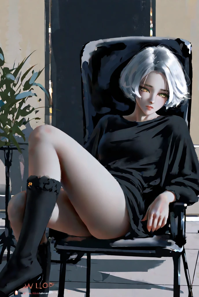 ((masterpiece)), ((best quality)), (ultra-detailed), ((extremely detailed)), 4K, (8K), best quality, a beautiful woman, (( gray hair)), ((curly bob cut)), light blue eyes, detailed skin, freckled skin, 20 years old,
((wavy hair, hair covering one eye, black Y-shirt with open front)), ((black suit)), face down, looking at me, solid beige background, Like the model, photorealistic, cool, serious, ((Sitting cross-legged on a stool)), sitting, Perfect legs, precise legs.
,crossed legs