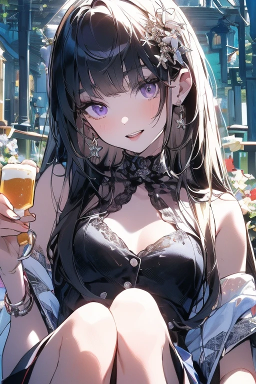 (masterpiece), (best quality), (ultra-detailed), (best illustration), (best shadow), (absurdres), Female, 25 years old, looking at viewer, steam, shy, nose blush, nsfw, medium breasts, nude, o-face, climax, light smile, Kochou Shinobu, Forehead,Black shirt,Black pantsuit,haori,butterflys,obi strip, purple flower,mostly cloudy sky,rays of sunshine,Tyndall effect,Gradient_sky,the face,beautiful sky,Saber on the waist,captivating posture, (Off-the-shoulder attire:1.3), light smile,