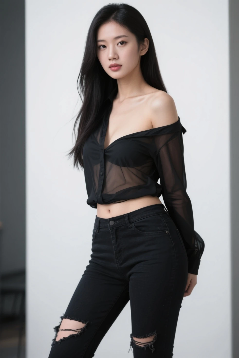 The image of a young woman with a mixed Thai-Chinese appearance, meditating. She has long, straight black hair and dresses in a bright, bohemian style. Wear short jeans The backgrounds are intricately detailed with ancient gods. Create a mysterious atmosphere Her hair flows beautifully and her eyes are mesmerizing. The other colors add to the scene with a detailed and lively face. The background is rich in details. Features intense visual and professional atmosphere lighting. Highly realistic 16k hd., --ar 4:3 --stylize 750