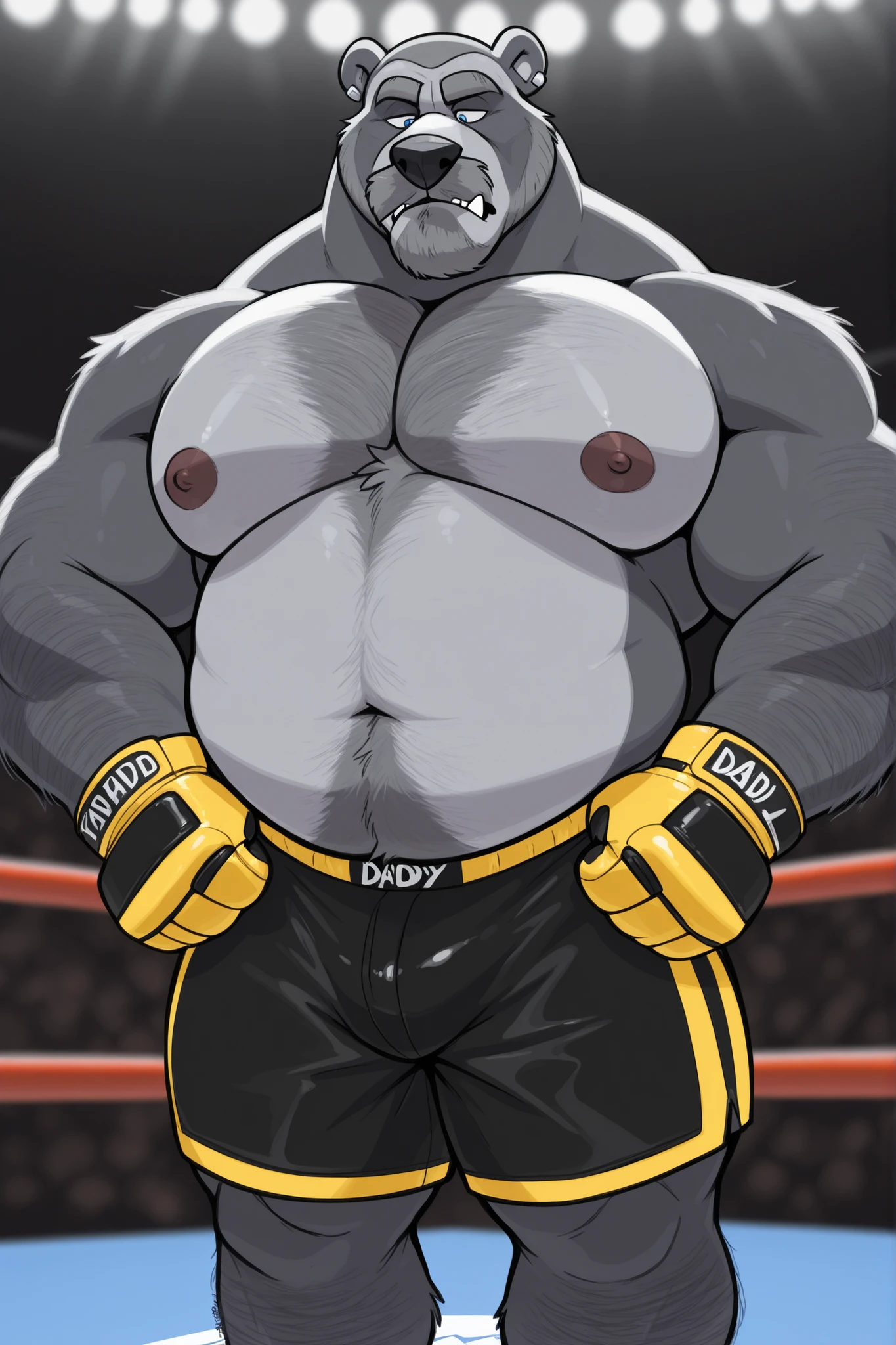 Super muscular adult boar beastman,(Wear a full uniform:1.7),Open your mouth and stick out your tongue,Surrounded by men,(a large amount of semen on the face and body,:1.6),wrestling,(Anal Sex:1.7),(Nipple ring piercing:1.3),Cumshot from huge red and black erect penis,scrotum,(Masked:1.5),Brown fur,Black hair and beard