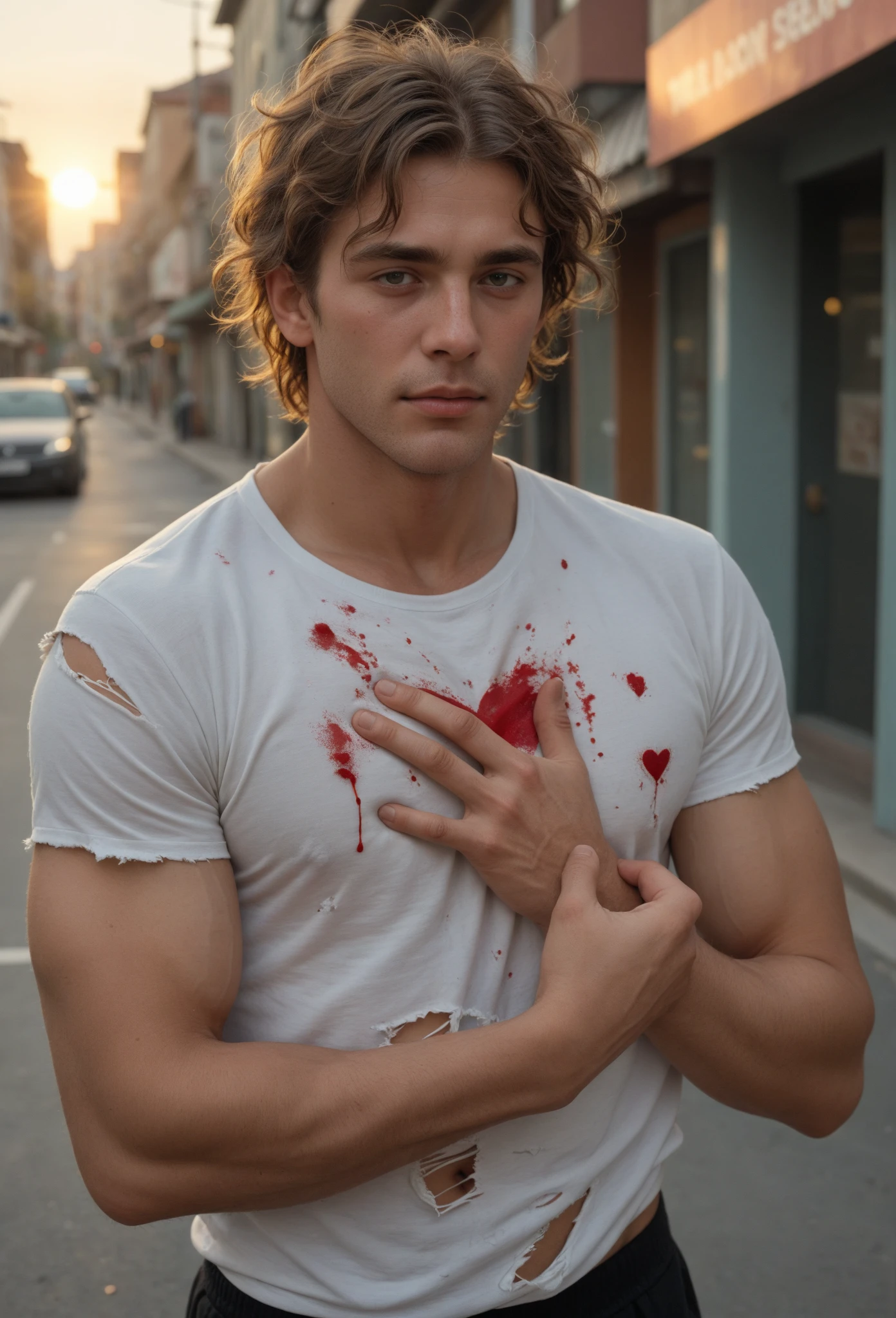 Man with half his head cut off, One side of the face has only one eye and on half of the head there is red hair and on the other side the rest of the head is split in half., esse homen tem 1,90 tall and white skin and plaid blouse and ripped black pants, he is in a street and holds an ax that has blood on it and sets it on fire, a rua onde ele esta tem um poste e asfalto rachado.