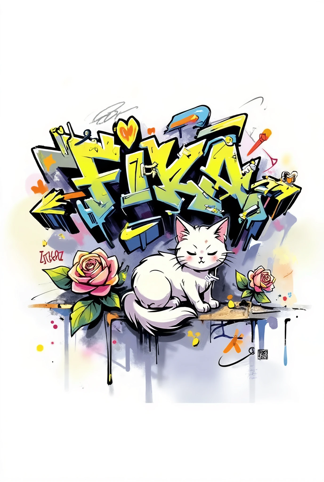 Cool graffiti spelling 'Fika' on a white background, white angora cat, rose flower , Chinese,