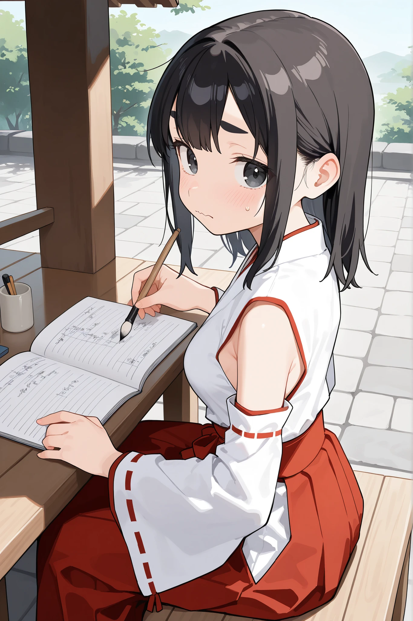 cute girl, schoolgirl, small girl, short girl, tween, (solo), (1girl), (alone), miko, white shirt, white detached sleeves, red trim, long skirt, hakama skirt, red skirt, (medium breasts), skinny, narrow waist, black hair, medium hair, double parted bangs, black eyes, thick eyebrows, sitting, table, looking at viewer, doing homework, writing on notebook, doing homework, math notebook, holding brush, shy, wavy mouth, from side, (outdoors), shinto shrine, stone floor, (masterpiece), (best quality), (amazing quality), (perfect hands), (perfect eyes), (absurdres), ((perfect face)), ((beautiful face)), (very aesthetic),