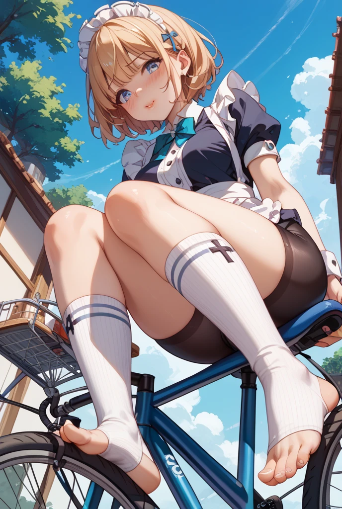 Highest quality, 8k, Junior high school girl, long brown hair, small Breasts, Horizontal bar, Forward upward circling, Lift your legs, Horizontal bar にぶら下がる, T-Shirts, Denim shorts, black knee high stockings, playground