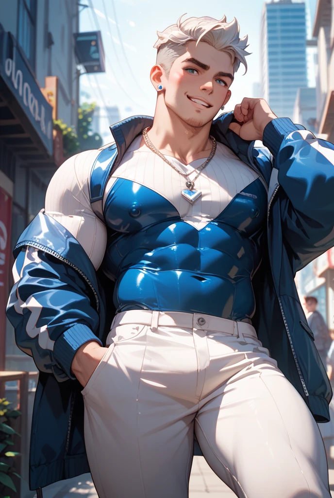 (A lovely Shota:2),(Colored screen:1.2),Solo,(full bodyesbian:3),(Stay away from the lens:3),(Expose your legs and feet:3),(revealing the whole body:5),(Heads-up view:1.2),malefocus,looking at viewert,16 yaers old,(Tall:3),(Tall guy:2),Super tall,(Height 300 cm:2),Excellent body proportions,(1.The shoulders are 5 times wider:1.2),(Slender slender legs:2.5),Slender feet,Normal extremities,Small head,musculous,(Lovely and pretty:2),(The face of an anime man),(Very detailed beautiful face and eyes:2),(Big bright eyes:1.2),Sharp eyeliner,Clear and beautiful face,short detailed hair,(Correct facial features),(tilts your head:1.5),(having fun,grinning smile),(Bright blue Spider-Man suit:2),white legwear,(Muscle firming:2),Strong,Super strong,(Wide shoulders and narrow waist:2.2),Sports men's socks,Detailed muscle texture,Highlights muscle structure,at the street side,(kneeling down:4),(full length shoot),ultra-realistic realism, (Photorealistic detail), Incredible accuracy, lifelike textures, masterful technique, Jaw-dropping precision, artistic dedication,(anatomy correct),Good lighting,exquisite detailing,Best quality,stunning masterpiece,CG