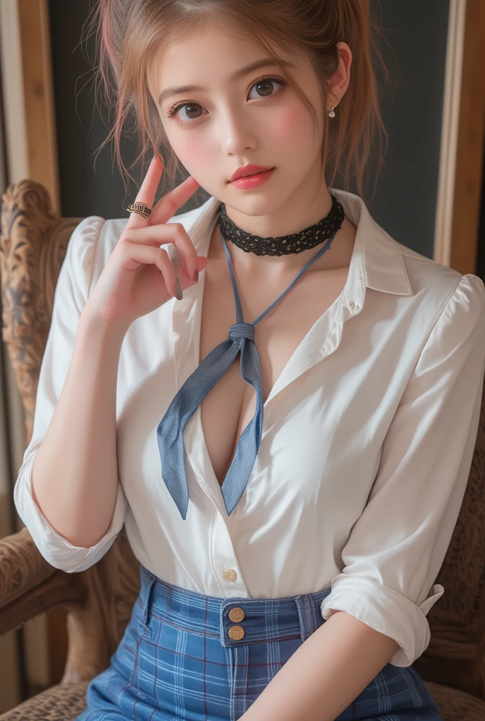 1girl, best quality,masterpiece,realistic,realistic,masterpiece,upper_body,medium breasts,unbuttoned clothes,nsfw,cowboy_shot,portrait,sad,wince,wiping tears,tears,tearing up,tearing clothes,two-tone hair,ruby hair,platinum blonde hair,lace_skirt,stockings,