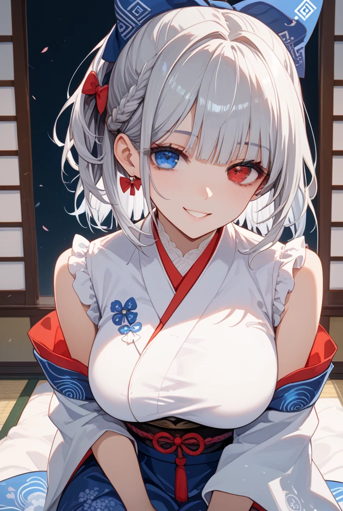 ((highest quality、High resolution、8K、masterpiece:1.3))、dynamic angle、wallpaper、1 girl、unparalleled beauty、ultimate beauty、super detailed face、delicate eyes、smile shyly、sexy look、Depth of bounds written、light particles、side light、ponytail、silver hair、(shrine maiden)、shrine maiden服、shrine maiden装束、white kimono、red hakama、(Lifting the skirt with both hands)、((She shyly lifts up her skirt and shows her white panties.))、(I'm tempting)、Open chest、big breasts、cleavage、thighs、slim、slender、Old castle at night