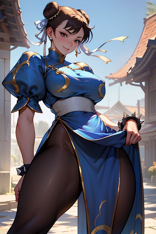 1chun li girl, black hair, yellow eyes, very long hair, pale skin, curvy, (extremely muscular), perky breasts, frozen lake